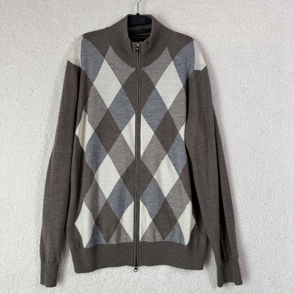 Banana Republic Sweater Mens XL Brown Argyle‎ Full Zip Merino Wool Pullover